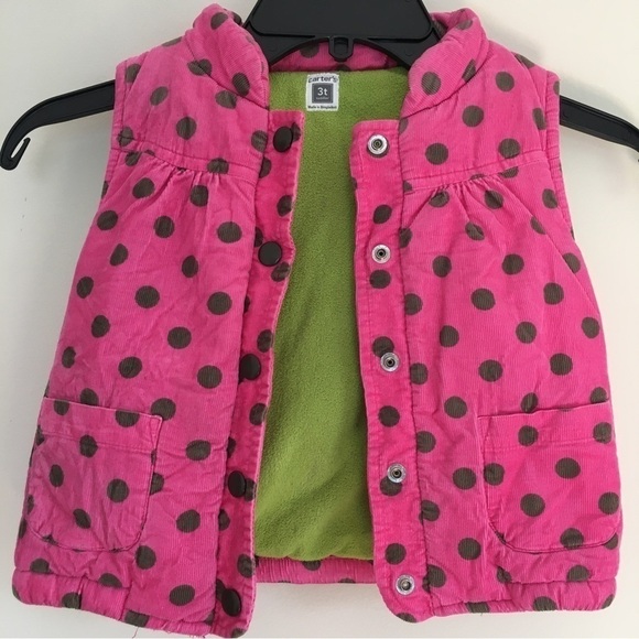 Carter's Toddler Girls Pink Polka Dot Cotton Corduroy Thick Winter Puffer Vest - Picture 2 of 13